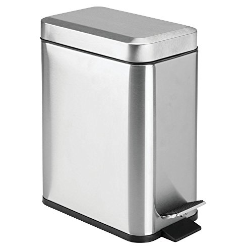 Product Cover mDesign 1.3 Gallon Rectangular Metal Step Trash Can Wastebasket, Garbage Container Bin, Bathroom, Powder Room, Bedroom, Kitchen, Craft Room, Office - Removable Liner Bucket, Brushed Stainless Steel