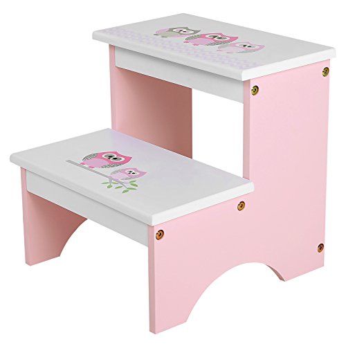 Product Cover SONGMICS Children Step Stool, Wood Bed Steps for Kids, Owl Theme in Bathroom Closet Kitchen Toilet Pink and White