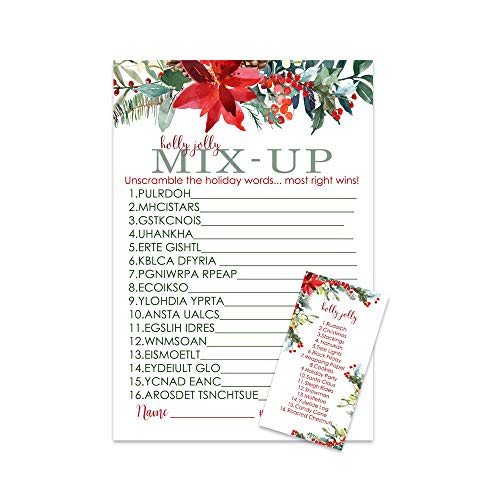Product Cover Holiday Floral Christmas Party Games Word Scramble Card (25 Pack) Great for Holiday Parties, Family Gatherings, Festive Events Elegant Rustic Style