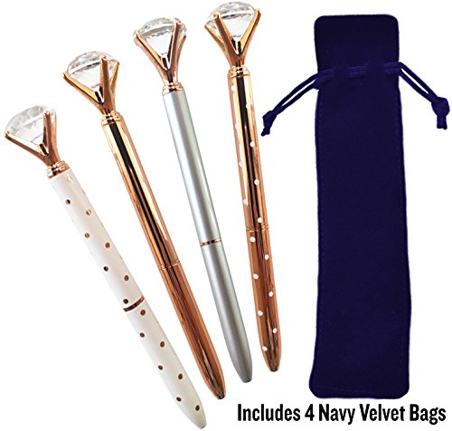 Product Cover Rose Gold Diamond Pens | 4 Crystal Pens and 4 Navy Blue Velvet Gift Bags | Bling Pens Make Great Gifts for Women, Coworkers and Teachers | Beautiful Rose Gold Office Supplies