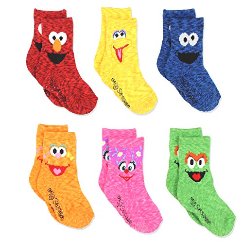 Product Cover Sesame Street Elmo Boys Girls Multi Pack Crew Socks with Grippers (2T-3T, Abby Zoe 6 pk)