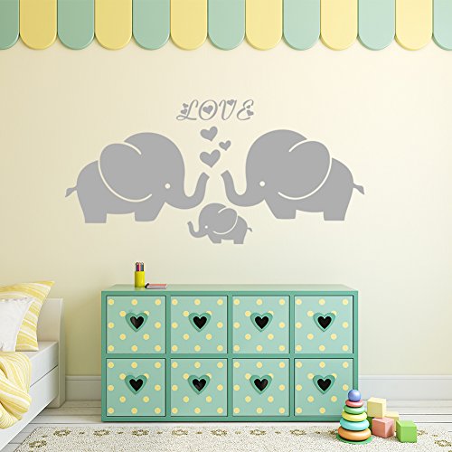 Product Cover Large Cute Elephant Family With Hearts Wall Decals Baby Nursery Decor Kids Room Wall Stickers, (Large)40''W x19''H, Grey