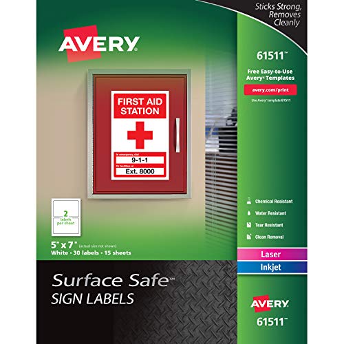 Product Cover Avery Surface Safe Safety Sign Labels, Printable, Cleanly Removable, Water Resistant, 5 x 7, 30 Pack (61511)