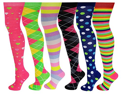 Product Cover 6 Pairs Pack Women Multi Neon Color Fancy Design Thigh High Over the Knee Socks Stockings