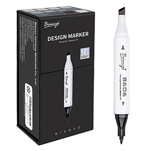 Product Cover Bianyo Cool Greys Art Marker Pens- Dual Tip Permanent Markers for Drawing, Shading, Outlining, Illustrating, Sketching, Colorless Blender, 12-Count