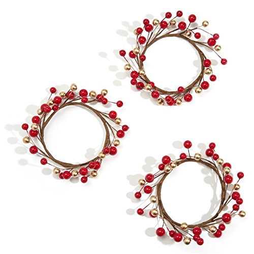 Product Cover LampLust Pip Berry Candle Rings for Pillars - Red and Gold, Small Wreaths for Rustic Wedding Centerpiece or Table Decoration, Fits 3 Inch Diameter Candles - Set of 3