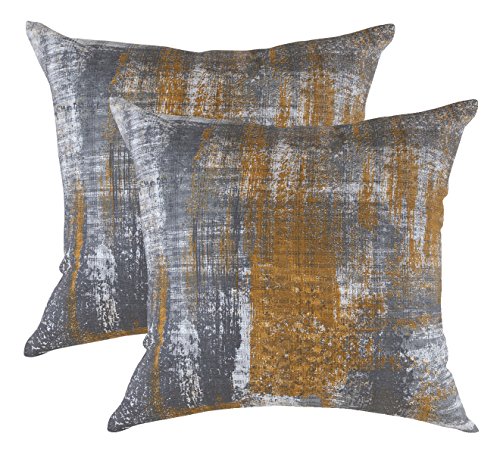 Product Cover TreeWool Decorative Square Throw Pillowcases Set Brush Art Accent 100% Cotton Cushion Cases Pillow Covers (18 x 18 Inches / 45 x 45 cm; Mustard & Gray) - Pack of 2