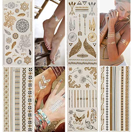 Product Cover Temporary Tattoos,Metallic,5 Large Sheets Gold Silver Glitter, by WffDirect,80+ Color Flash Fake Waterproof Tattoo Stickers-For Adults or Kids