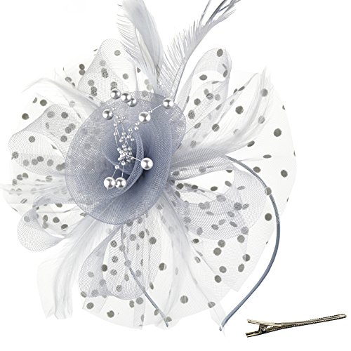 Product Cover DRESHOW Fascinators Hat Flower Mesh Ribbons Feathers on a Headband and a Clip Tea Party Headwear for Girls and Women