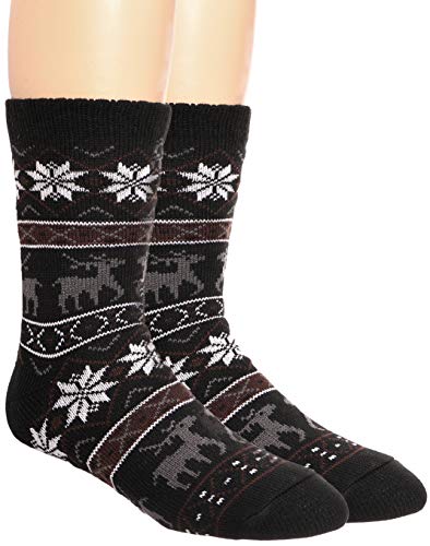Product Cover Mens Fuzzy Slipper Socks Warm Thick Heavy Fleece lined Christmas Stockings Fluffy Winter Socks With Grippers (Black)