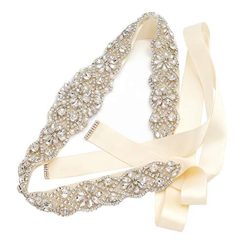 Product Cover Yanstar Handmade Crystal Beads Rhinestone Bridal Wedding Belt Sash With Cream Ivory Ribbon For Bridal Wedding PartyGowns Dress