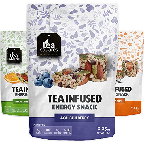 Product Cover Caffeinated Energy Bites (Variety Pack of 3) - 100cal, 4g plant-protein, 3-4g sugar, Focus and Energy - Organic Tea - Gluten Free - Caffeinated - Vegan - Snack and Protein Bites - Tea Squares