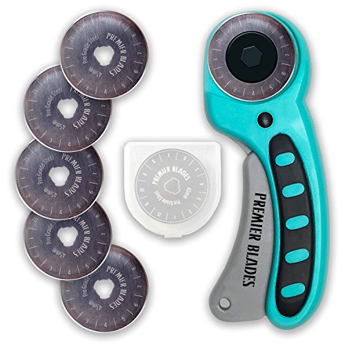 Product Cover Premier Blades 45mm Rotary Cutter Tool (5 Extra Blades Included) Ergonomic Soft Handle Stainless Steel Blades- Perfect for Quilting & Cutting Fabric, Paper, Leather, and More!