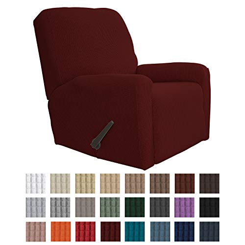 Product Cover Easy-Going Recliner Stretch Sofa Slipcover Sofa Cover 4-Pieces Furniture Protector Couch Soft with Elastic Bottom, Spandex Jacquard Fabric Small Checks(Recliner,Wine)
