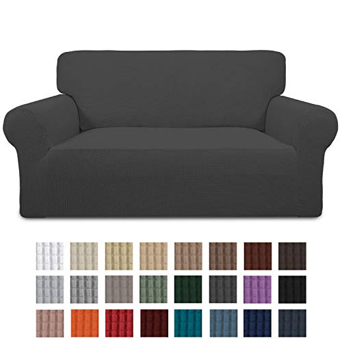 Product Cover Easy-Going Stretch Loveseat Slipcover 1-Piece Couch Sofa Cover Furniture Protector Soft with Elastic Bottom for Kids. Spandex Jacquard Fabric Small Checks(loveseat,Dark Gray)