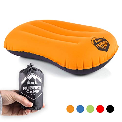 Product Cover Rugged Camp Camping Pillow - Inflatable Travel Pillows - Multiple Colors - Compressible, Lightweight, Ergonomic Head Neck Support Camping Plane Travel - Lumbar Back Support (Orange/Black)