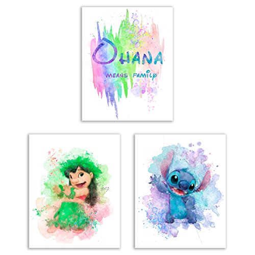 Product Cover Lilo and Stitch Watercolor Art Prints - Set of 3 (8x10) Photos - Ohana Means Family