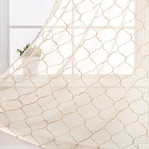 Product Cover Moroccan Tile Sheer Curtains for Bedroom Geometry Lattice Embroidery Voile Sheer Curtains for Living Room Quatrefoil Window Treatment Set 84 inches Long Taupe