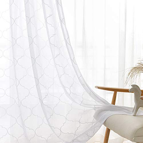 Product Cover jinchan White Sheer Curtains for Living Room Moroccan Tile Embroidered Window Curtains Lattice Geometric Quatrefoil Embroidery Semi Sheer Curtains for Bedroom 2 Panels 55 x 84 Inch