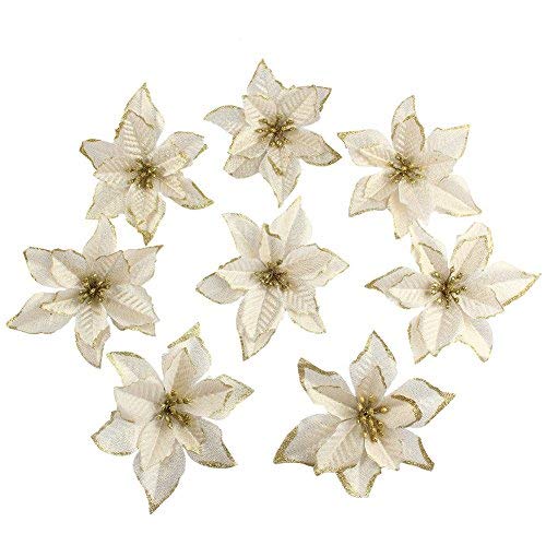 Product Cover OurWarm 50pcs Glitter Poinsettia Christmas Tree Ornaments Poinsettia Artificial Flowers for Christmas Decorations Gold