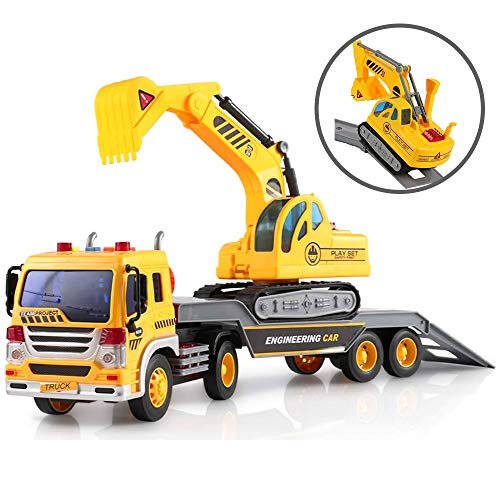 Product Cover Friction Powered Flatbed Truck with Excavator Tractor - Push and Go Construction Toy for Boys and Girls with Lights and Sounds - Realistic 1:16 Scale Design - by ToyThrill