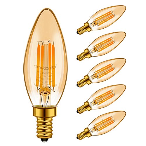 Product Cover LED Light Bulbs, Emotionlite Dimmable Candelabra Bulbs, E12 Base, Amber Yellowish, Chandelier Light, Ceiling Fan Bulb, 40W Equivalent, 4W, 2200K, 350LM, UL Listed, 6 Pack