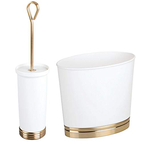 Product Cover mDesign Modern Plastic Bathroom Storage and Cleaning Accessory Set - Includes Toilet Bowl Brush and Wastebasket Trash Can/Garbage Bin - 2 Pieces - White/Soft Brass