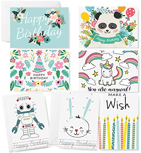 Product Cover 42 Pack Children Birthday Greeting Cards -UNIQUE DESIGN Assortment for Kids Variety Pack- Bulk Box Set with Envelopes Included - 4 x 6 Inches Blank Inside