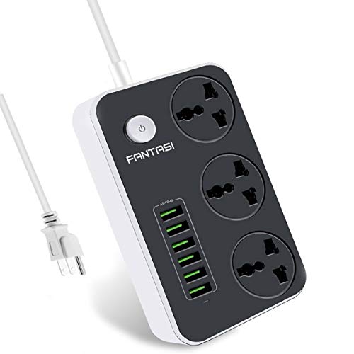 Product Cover Power Strip with USB Ports Long Cord Universal Socket 3 Outlets Surge Protector 6 Quick USB (5V 3.4A 17W) Charging Station 6.5ft Power Cord 2500W Circuit Breaker Child Safe Door (Black)