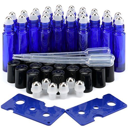 Product Cover Glass Roller Bottles, 24 Pack 10 ml Cobalt Blue Essential Oil Roller Bottles with Stainless Steel Roller Balls (3 Dropper, 6 Extra Roller Balls, 2 Bottle Opener)