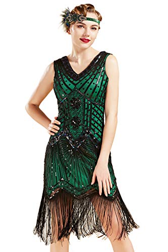 Product Cover BABEYOND Women's Flapper Dresses 1920s V Neck Beaded Fringed Great Gatsby Dress (Green, S (Fits 26.8