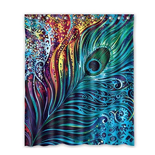 Product Cover Fangkun Shower Curtain Fashionable Peacock Feathers Pattern - Polyester Fabric Bath Curtains Decor Set - 12pcs Shower Hooks are Included - 72 x 72 inches