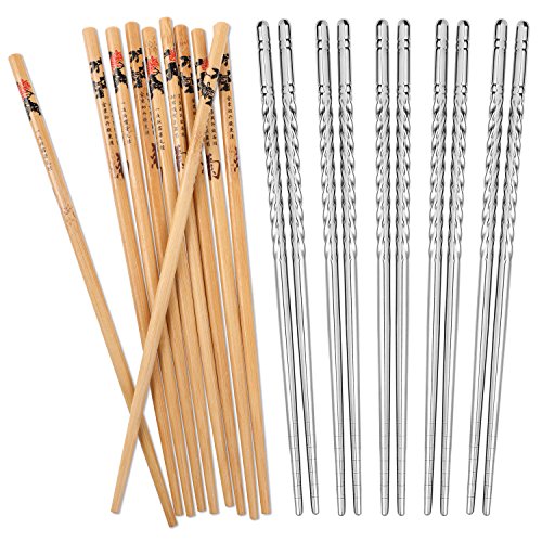 Product Cover Hiware 10 Pairs Reusable Chopsticks Set Include 5 Pairs Metal Stainless Steel Spiral Chopsticks and 5 Pairs Natural Bamboo Chopsticks 8.8 Inches, Easy to Hold