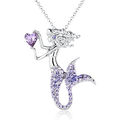 Product Cover Fashion Mermaid Birthstone Necklace Jewelry White Gold Plated Austrian Crystal Magic Pendant Gift (Amethyst)