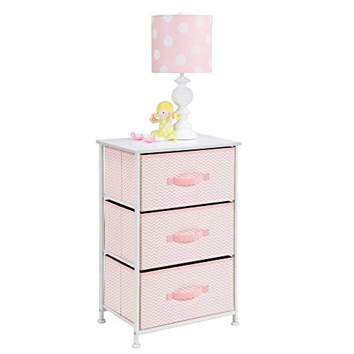 Product Cover mDesign Vertical Dresser Storage Tower - Sturdy Steel Frame, Wood Top, Easy Pull Fabric Bins - Organizer Unit for Child/Kids Bedroom or Nursery - Chevron Zig-Zag Print - 3 Drawers - Pink/White