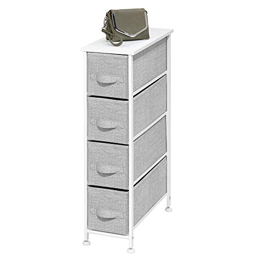 Product Cover mDesign Narrow Vertical Dresser Storage Tower - Sturdy Metal Frame, Wood Top, Easy Pull Fabric Bins - Organizer Unit for Bedroom, Hallway, Entryway, Closet - Textured Print, 4 Drawers - Gray/White