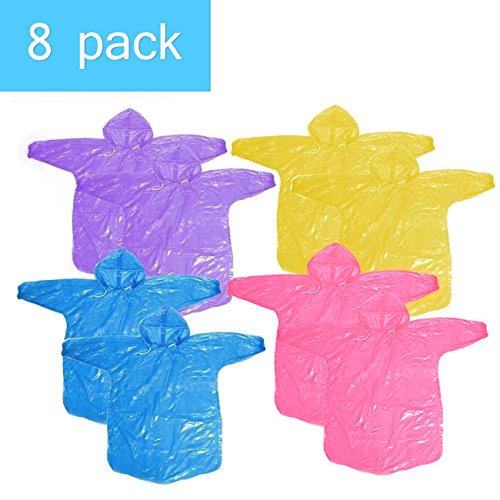 Product Cover HUABEI 8 Pack Disposable Kids Rain Poncho,Packable Rain Coat with Drawstring Hood,Pack for Emergency - Lightweight, Super Waterproof for Camping Hiking Disney Traveling Fishing Outdoor-Assorted Colors