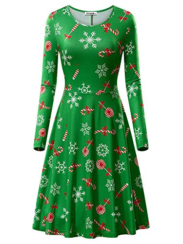 Product Cover VETIOR Snowflake Dress for Women, Womens Christmas Pattern Candy Cane Print A-Line Midi Dress Green&Candy XX-Large