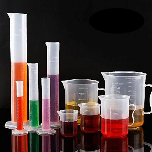 Product Cover Plastic Graduated Cylinders& Plastic Beakers,Teenitor 5pcs Plastic Graduated Cylinders 10ml 25ml 50ml 100ml 250ml & 5pcs Plastic Beakers 50ml 100ml 250ml 500ml1000ml Clear 10pcs