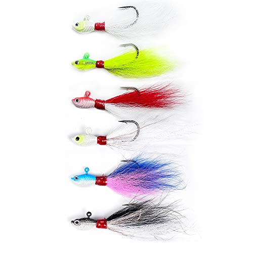 Product Cover Dr.Fish Bucktail Jig Fluke Lure Saltwater Freshwater Baits Assorted Kit Bass Striper Bluefish Surf Fishing White, Chartreuse, Red,Yellow 1/2 oz, 1oz, 2 oz,4 oz,6 oz Pack of 3