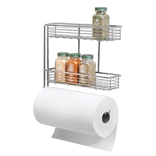 Product Cover mDesign Wall Mount Metal Paper Towel Roll Holder and Dispenser with 2 Shelf Baskets - Kitchen Storage and Organization for Spice Bottles, Glass Jars, Salt, Pepper - Chrome