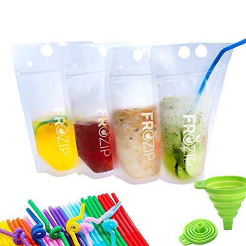 Product Cover Deluxe 50-Pcs Disposable Drink Container Set by FroZip - Drink Pouches W/Gusset Bottom & Reclosable Zipper for Cold & Hot Drinks - Non-Toxic, BPA & Phthalate Free - 50 Straws & Funnel Included