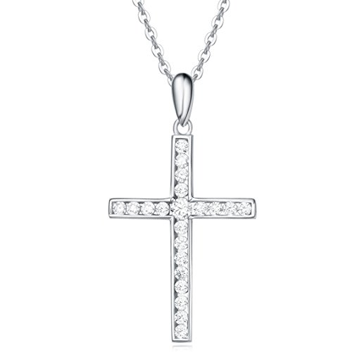 Product Cover Carleen 925 Sterling Silver Cubic Zirconia CZ Simulated Diamond Cross Crucifix Pendant Necklace Jewelry for Women Girls, 18