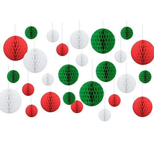 Product Cover Christmas New Year Hanging Decoration Paper Honeycomb Balls Xmas Party Favor Baby Shower Birthday Wedding Home Decoration Red White Green SUNBEAUTY 27 Pieces