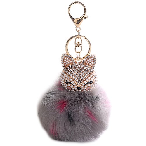 Product Cover HXINFU Real Rabbit Fur Pom Pom Ball Keychain Fox Head Fluffy Ball Keychain