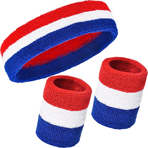 Product Cover Willbond 3 Pieces Sweatbands Set, Includes Sports Headband and Wrist Sweatbands Cotton Striped Sweat Band for Athletic Men and Women (Red, White and Blue)