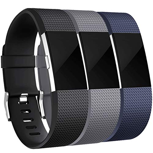 Product Cover Maledan Bands Replacement Compatible with Fitbit Charge 2, 3 Pack, Black/Blue/Gray, Large