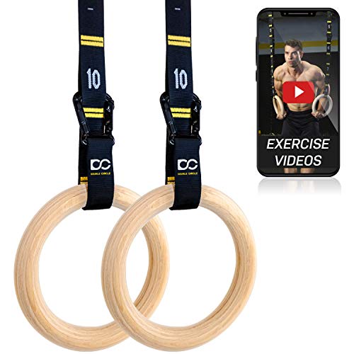 Product Cover Double Circle Wood Gymnastic Rings, Numbered Straps and Exercise Videos Guide for Gym, Crossfit, and Bodyweight Training
