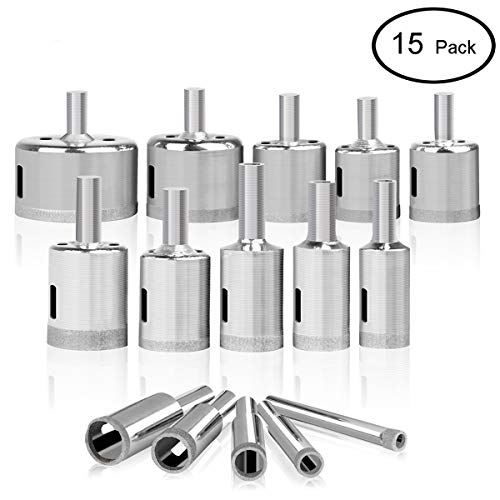 Product Cover Diamond Hole Saw - 15 pcs Diamond Drill Bit Set Extractor Remover Tools for Glass, Ceramics, Porcelain, Cermic Tile (1/4