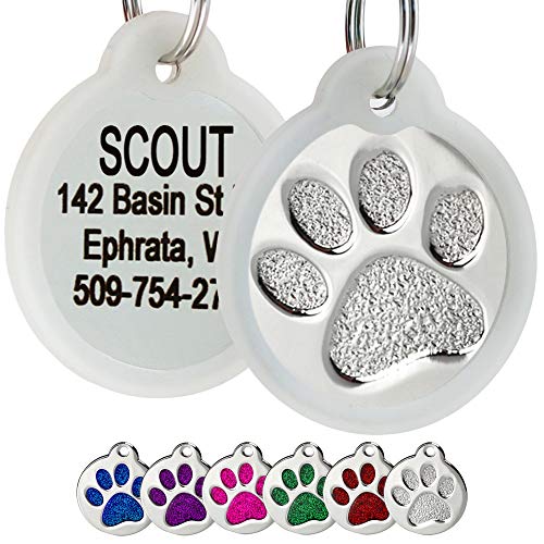 Product Cover GoTags Paw Print Round Stainless Steel Pet Tag for Dogs and Cats, Personalized with 4 Lines of Custom Engraved ID, in Solid Stainless Steel and 5 Enameled Colors: Blue, Green, Pink, Purple and Red